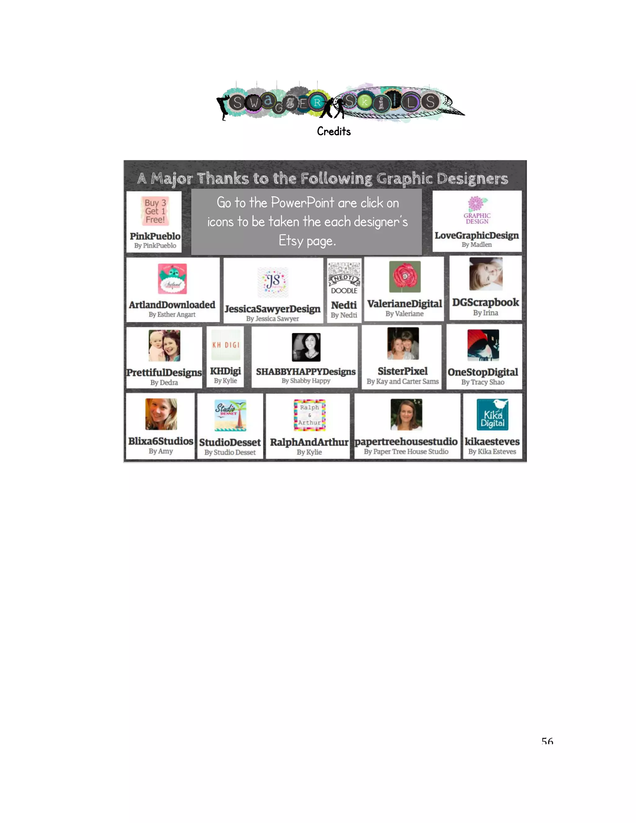 !! 
Credits 
Go to the PowerPoint are click on 
icons to be taken the each designer’s 
Etsy page. 
! 56! 
 