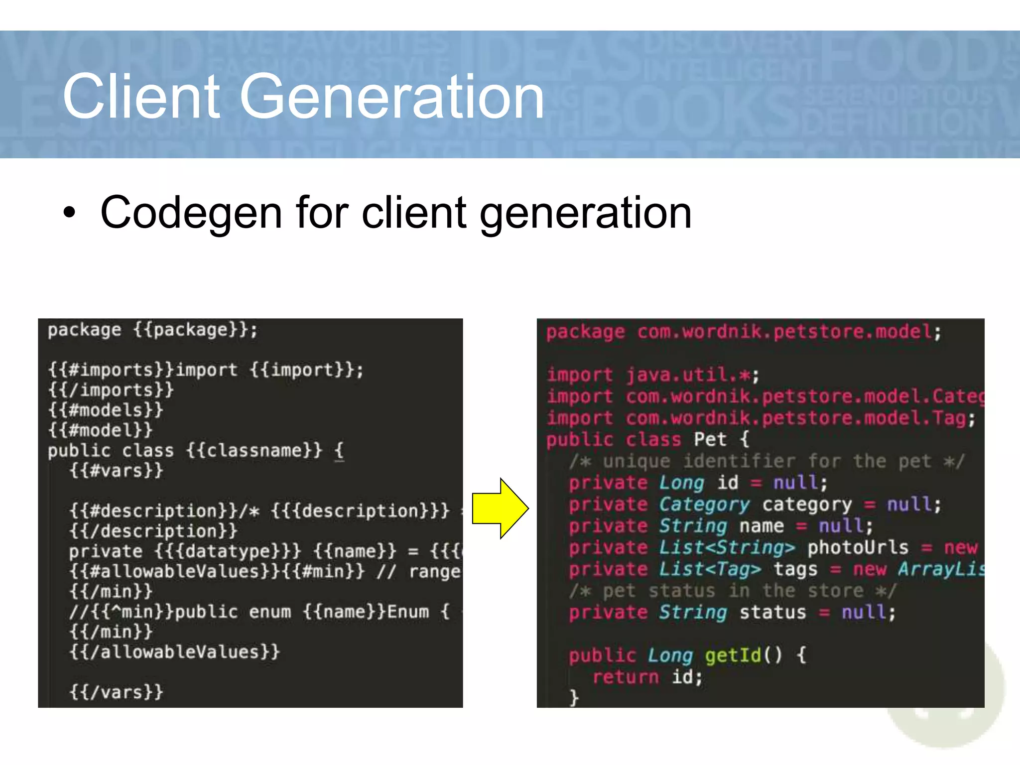 Client Generation
• Codegen for client generation
 
