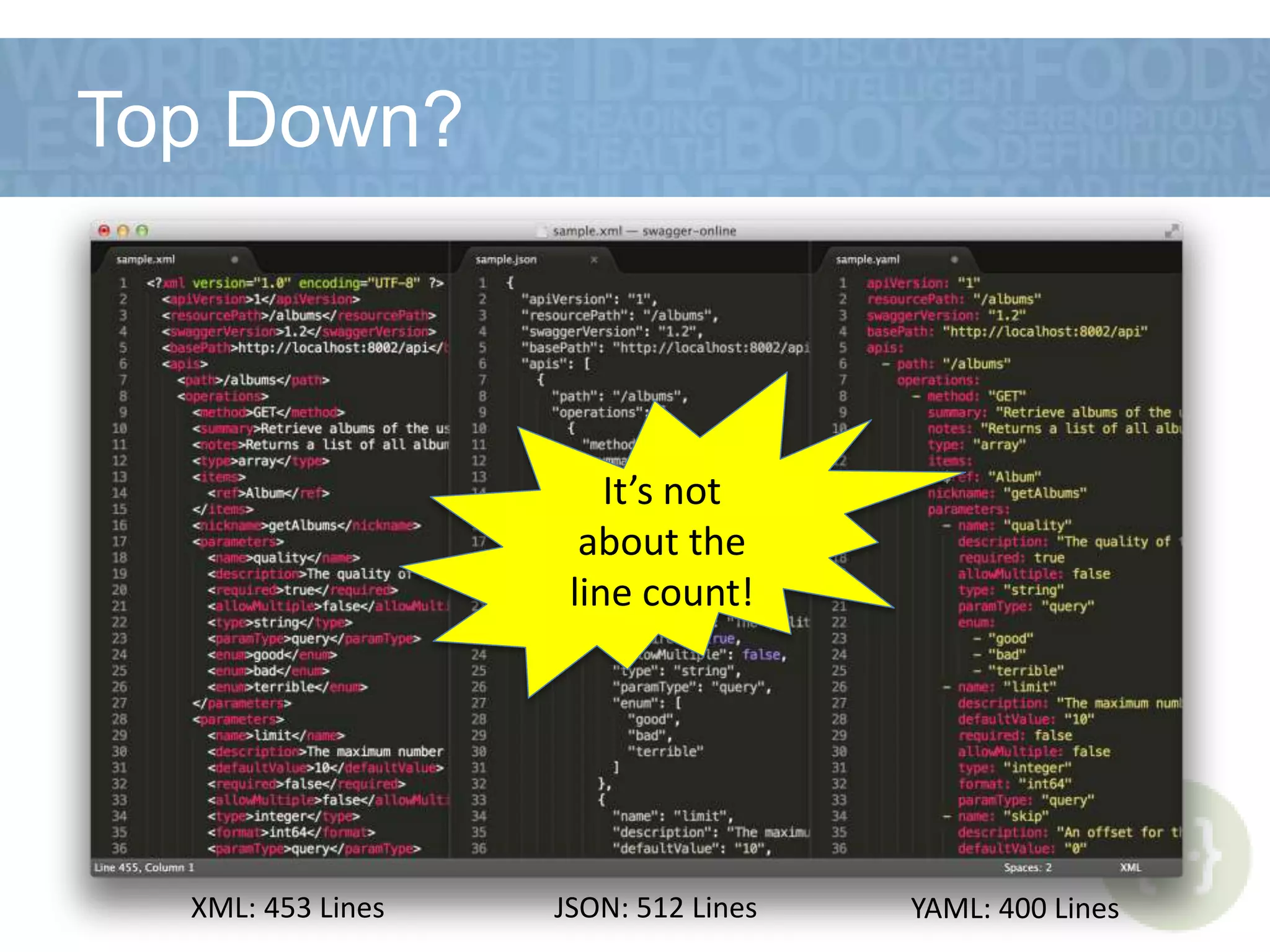 Top Down?
XML: 453 Lines JSON: 512 Lines YAML: 400 Lines
It’s not
about the
line count!
 