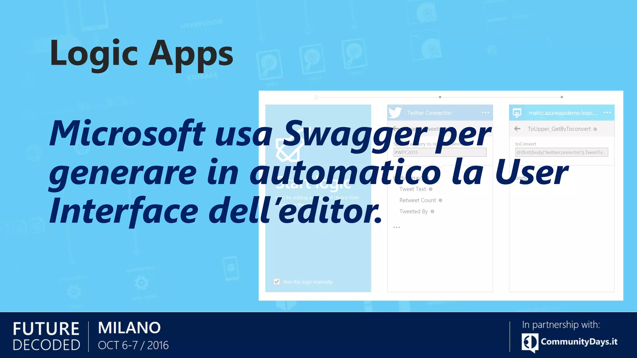 Logic Apps
Microsoft usa Swagger per
generare in automatico la User
Interface dell’editor.
 