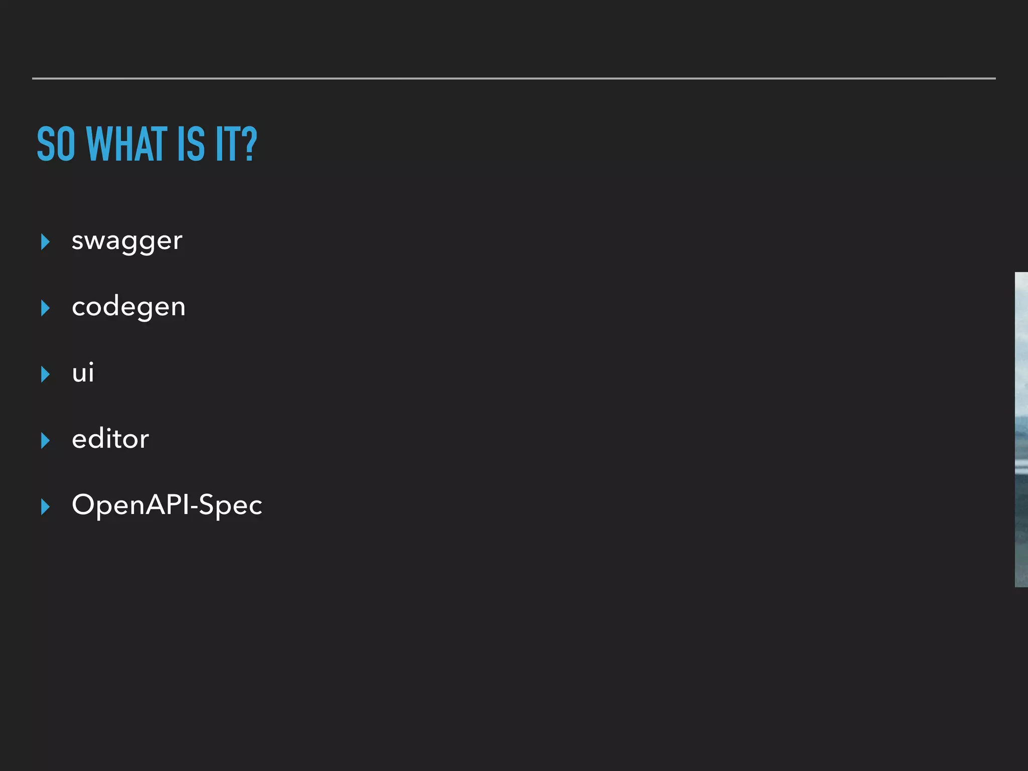 SO WHAT IS IT?
▸ swagger
▸ codegen
▸ ui
▸ editor
▸ OpenAPI-Spec
 