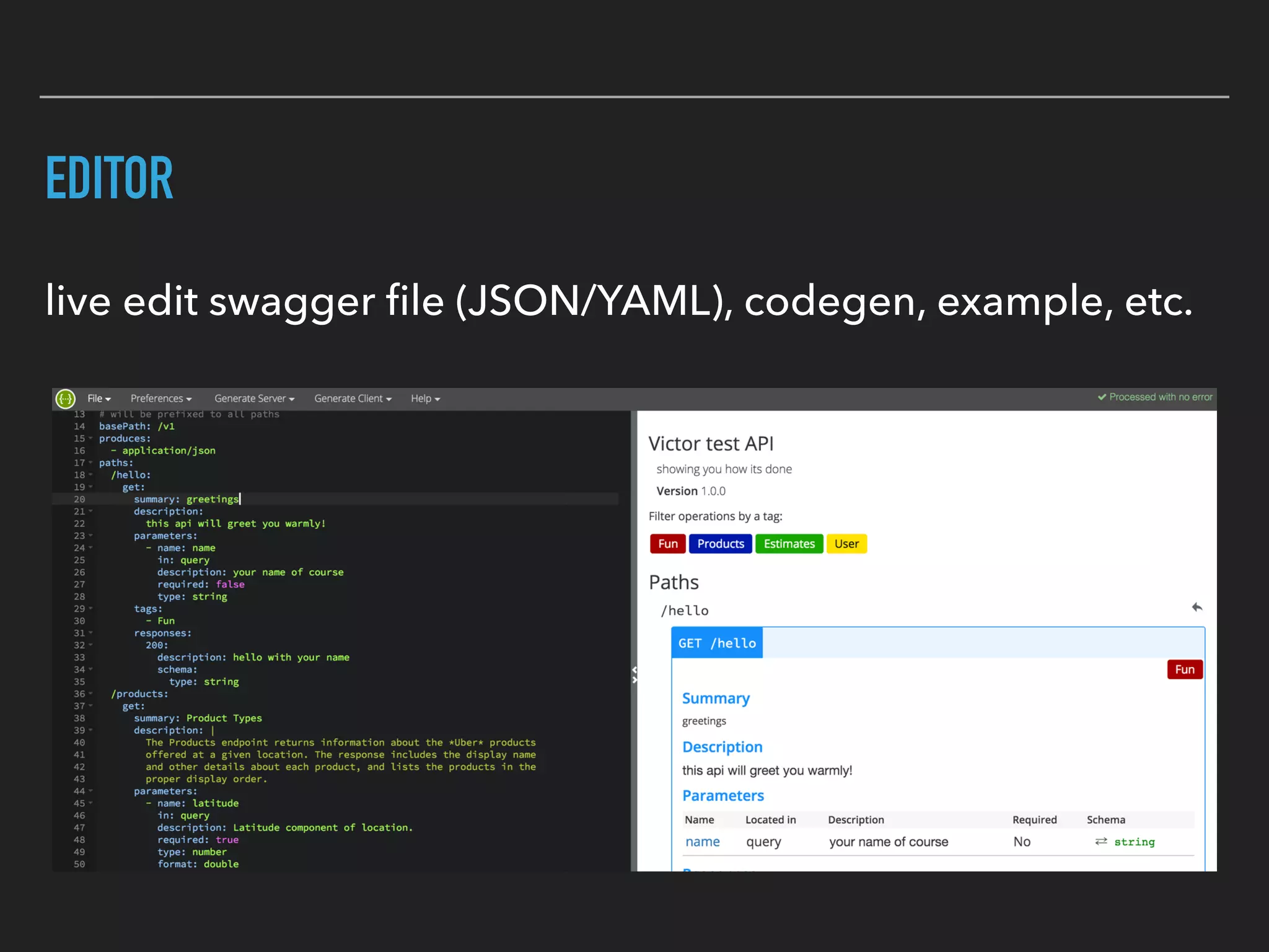 EDITOR
live edit swagger ﬁle (JSON/YAML), codegen, example, etc.
 