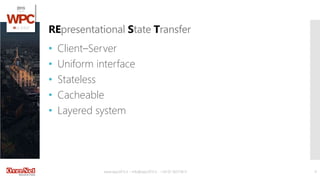 www.wpc2015.it – info@wpc2015.it - +39 02 365738.11 11
• Client–Server
• Uniform interface
• Stateless
• Cacheable
• Layered system
REpresentational State Transfer
 