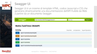 www.wpc2015.it – info@wpc2015.it - +39 02 365738.11 23
Swagger UI è un insieme di template HTML, codice Javascript e CSS che
generano dinamicamente una documentazione dell’API fruibile da Web
a partire da un documento Swagger.
Swagger Ui
 