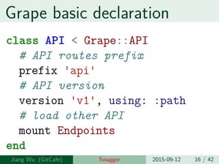 Grape basic declaration
class API < Grape::API
# API routes prefix
prefix 'api'
# API version
version 'v1', using: :path
# load other API
mount Endpoints
end
Jiang Wu Swagger 2015-09-12 16 / 42
 
