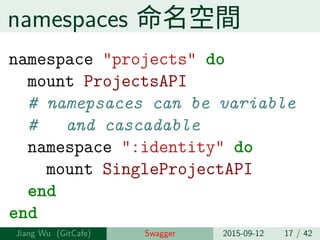 namespaces 命名空間
namespace "projects" do
mount ProjectsAPI
# namepsaces can be variable
# and cascadable
namespace ":identity" do
mount SingleProjectAPI
end
end
Jiang Wu Swagger 2015-09-12 17 / 42
 