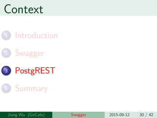 Context
1 Introduction
2 Swagger
3 PostgREST
4 Summary
Jiang Wu Swagger 2015-09-12 30 / 42
 