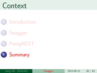 Context
1 Introduction
2 Swagger
3 PostgREST
4 Summary
Jiang Wu Swagger 2015-09-12 38 / 42
 