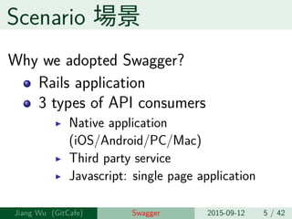 Scenario 場景
Why we adopted Swagger?
Rails application
3 types of API consumers
▶ Native application
(iOS/Android/PC/Mac)
▶ Third party service
▶ Javascript: single page application
Jiang Wu Swagger 2015-09-12 5 / 42
 