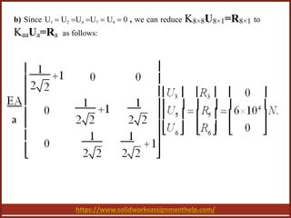 https://www.solidworksassignmenthelp.com/
b) Since U1  U2 U4 U7  U8  0 , we can reduce K8×8U8×1=R8×1 to
KaaUa=Ra as follows:
 