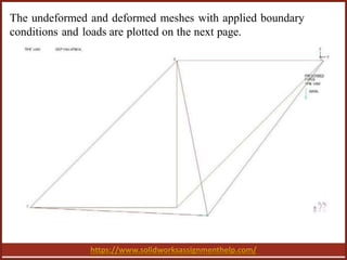 https://www.solidworksassignmenthelp.com/
The undeformed and deformed meshes with applied boundary
conditions and loads are plotted on the next page.
 