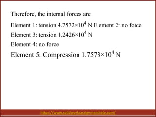 https://www.solidworksassignmenthelp.com/
Therefore, the internal forces are
Element 1: tension 4.7572×104
N Element 2: no force
Element 3: tension 1.2426×104
N
Element 4: no force
Element 5: Compression 1.7573×104
N
 