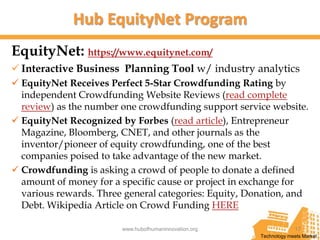 Hub EquityNet Program
EquityNet: https://www.equitynet.com/
 Interactive Business Planning Tool w/ industry analytics
 EquityNet Receives Perfect 5-Star Crowdfunding Rating by
  independent Crowdfunding Website Reviews (read complete
  review) as the number one crowdfunding support service website.
 EquityNet Recognized by Forbes (read article), Entrepreneur
  Magazine, Bloomberg, CNET, and other journals as the
  inventor/pioneer of equity crowdfunding, one of the best
  companies poised to take advantage of the new market.
 Crowdfunding is asking a crowd of people to donate a defined
  amount of money for a specific cause or project in exchange for
  various rewards. Three general categories: Equity, Donation, and
  Debt. Wikipedia Article on Crowd Funding HERE

                        www.hubofhumaninnovation.org                17
                                                       Technology meets Market
 