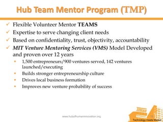 Hub Team Mentor Program (TMP)
   Flexible Volunteer Mentor TEAMS
   Expertise to serve changing client needs
   Based on confidentiality, trust, objectivity, accountability
   MIT Venture Mentoring Services (VMS) Model Developed
    and proven over 12 years
        1,500 entrepreneurs/900 ventures served, 142 ventures
         launched/executing
        Builds stronger entrepreneurship culture
        Drives local business formation
        Improves new venture probability of success




                            www.hubofhumaninnovation.org                      18
                                                                 Technology meets Market
 