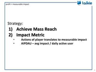 Strategy:4profit > measurable impactAchieve Mass ReachImpact MetricActions of player translates to measurable impact