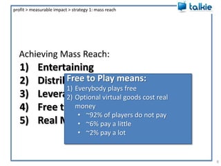 Achieving Mass Reach:6profit > measurable impact > strategy 1: mass reachEntertainingDistributed OnlineLeverages Social GraphFree to PlayReal MarketingFree to Play means:Everybody plays freeOptional virtual goods cost real money~92% of players do not pay