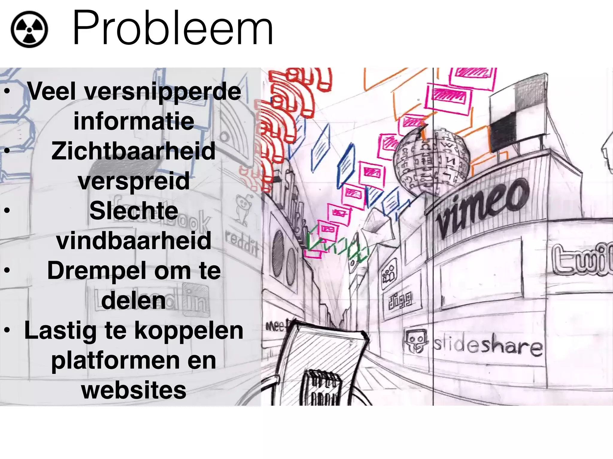 Probleem
• Veel versnipperde
      informatie
•   Zichtbaarheid
       verspreid
•       Slechte
    vindbaarheid
• Drempel om te
         delen
• Lastig te koppelen
    platformen en
       websites
 