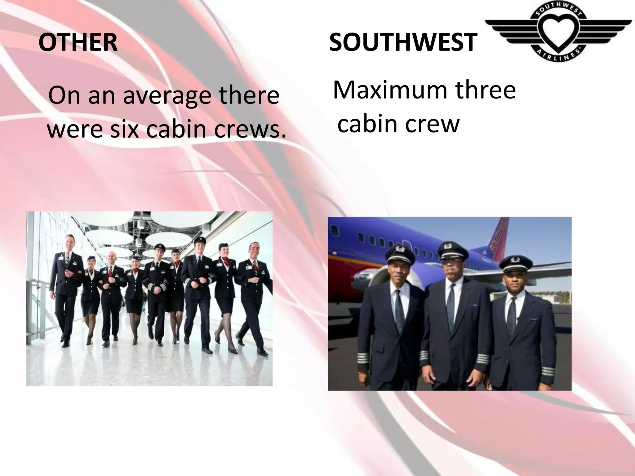 OTHER

SOUTHWEST

On an average there
were six cabin crews.

Maximum three
cabin crew

 