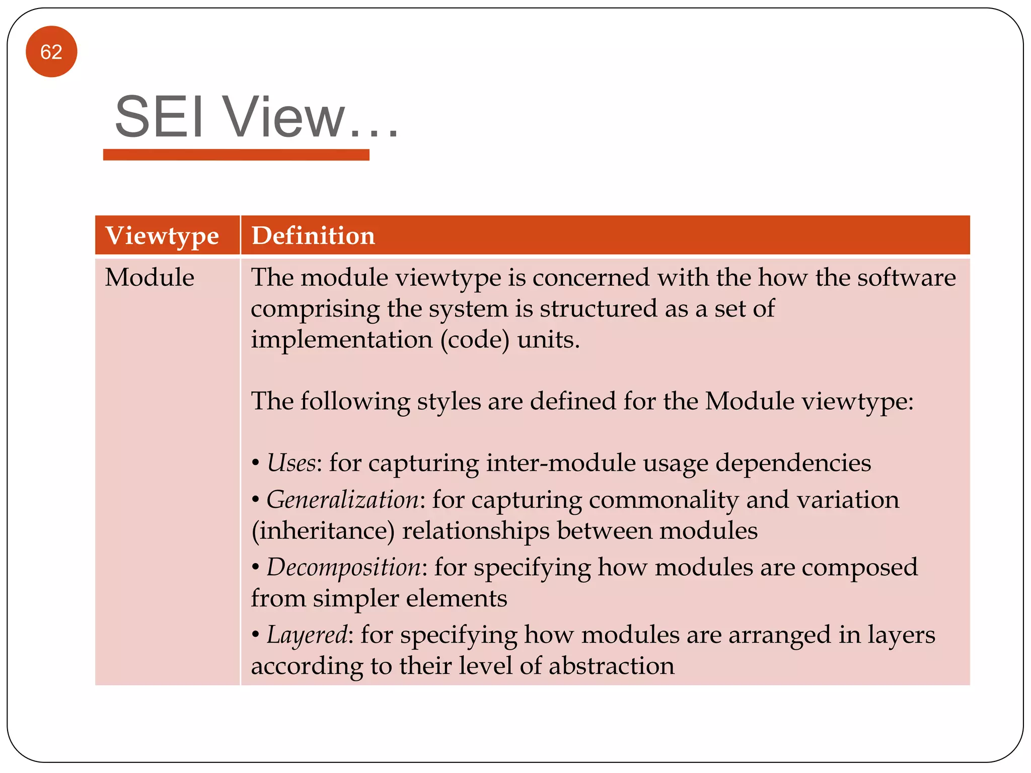 62
SEI View…
Viewtype Definition
Module The module viewtype is concerned with the how the software
comprising the system is structured as a set of
implementation (code) units.
The following styles are defined for the Module viewtype:
• Uses: for capturing inter-module usage dependencies
• Generalization: for capturing commonality and variation
(inheritance) relationships between modules
• Decomposition: for specifying how modules are composed
from simpler elements
• Layered: for specifying how modules are arranged in layers
according to their level of abstraction
 