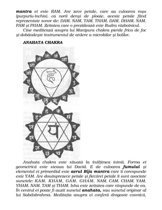 mantra ei este RAM. Are zece petale, care au culoarea roşu
(purpuriu-închis), ca norii denşi de ploaie, aceste petale fiind
reprezentate sonor de: DAM, NAM, TAM, THAM, DAM, DHAM, NAM,
PAM şi PHAM. Zeitatea care o prezidează este Rudra războinicul.
Cine meditează asupra lui Manipura chakra pierde frica de foc
şi dobândeşte instrumentul de ardere a microbilor şi bolilor.
ANAHATA CHAKRA
Anahata chakra este situată la înălţimea inimii. Forma ei
geometrică este steaua lui David. E de culoarea fumului şi
elementul ei primordial este aerul Bija mantra care îi corespunde
este YAM. Are douăsprezece petale şi fiecărei petale îi sunt asociate
sunetele: KAM, KHAM, GAM, GHAM, NAM, CAM, CHAM, YAM,
YHAM, NAM, TAM şi THAM. Isha este zeitatea care răspunde de ea.
În centrul ei poate fi auzit sunetul anahata, sau sunetul originar al
lui Sabdabrahma. Meditaţia asupra ei conferă dragoste cosmică,
 
