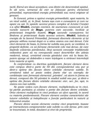 tactil. Eterul are două accepţiuni, una dintre ele desemnând spaţiul.
În alt sens, termenul de eter se foloseşte pentru elementul
primordial, reprezentând energia primordială sau norul originar al
genezei.
În Geneză, prima a apărut energia primordială, apoi materia, la
un nivel subtil, şi, în final, lumea aşa cum o cunoaştem şi cum ne
apare ea azi. În spatele acestui proces complex al Actului Creaţiei
s-a aflat Shakti, energia cosmică, de asemenea cunoscută şi sub
numele sanscrit de Maya, puterea care ascunde, învăluie şi
proiectează imaginile iluzorii. Maya ascunde cunoaşterea lui
Brahma şi proiectează iluzia acestui univers. Shakti, luându-şi
energia de la Izvorul Primordial, formează diversele elemente şi îşi
găseşte odihna numai după ce a atins starea cea mai densă. Cele
cinci elemente de baza, în forma lor subtila sau pură, se combină, în
proporţii definite, ca să formeze elementele cele mai dense, de care
depinde existenţa pământului. Deşi această concepţie tradiţională
vedantină pare să nu corespundă exact descrierilor din ştiinţa
modernă, totuşi, urmărind esenţa gândului care stă la baza lor,
putem ajunge să dobândim o mare înţelegere a strânsei interrelaţii
între materie şi spirit.
În conformitate cu doctrina quintiplicării, fiecare element dens
este compus dintr-o parte de 50 din corespondentul său pur şi
dintr-o optime din fiecare dintre celelalte elemente subtile. În
următorul tabel se poate vedea foarte clar un exemplu de
combinaţie care formează elementul „pământ", să zicem în forma sa
densă, compusă din 50 pământ în stadiul subtil sau pur, şi dintr-o
optime din fiecare dintre celelalte elemente: eter, aer, foc, apă, în
starea cea mai subtilă.
Se poate vedea cum fiecare element, multiplicându-se în cinci,
îşi pierde puritatea şi conţine o porţie din fiecare dintre celelalte.
Orice element multiplicat în cinci produce un efect special, în acord
cu materia predominantă. Fiecare element conţine caracteristici ale
tuturor celorlalte şi îndeplineşte o funcţie particulară în natură şi
înlăuntrul omului.
Fiecare dintre aceste elemente conţine cinci proprietăţi, bazate
pe interacţiunea componentelor sale subtile cu cele dense, prin care
se însumează, în total, douăzeci şi cinci de proprietăţi.
 