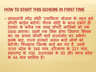 HOW TO START THIS SCHEME IN FIRST TIME
 प्रधानिंत्री नरेंद्र िोदी 'स्वामित्व' योजना के तहत बने
प्रॉपर्टी कार्डडस बांर्टेंगे। पीएि िोदी के बर्टन दबाते ही
देशभर के करीब एक लाख प्रॉपर्टी िामलकों को एक
SMS जाएगा। उसिें एक मलंक होगा जजसपर जललक
कर वह अपना प्रॉपर्टी कार्ड र्ाउनलोर् कर सकें गे।
इसके बाद, राज्य सरकारें असल कार्ड लोगों को
बांर्टेंगी। कफलहाल जजनके कार्ड बन गए हैं, उनिें
उत्तर प्रदेश के 346 गांव, हररयाणा के 221 गांव,
िहाराष्‍टर के 100, उत्तराखंर् के 50 और िध्य प्रदेश
के 44 गांव शामिल हैं।
 