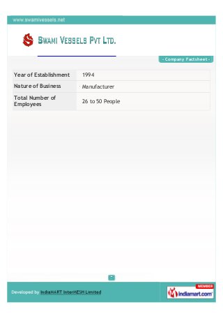- Company Factsheet -


Year of Establishment   1994

Nature of Business      Manufacturer

Total Number of
              ...