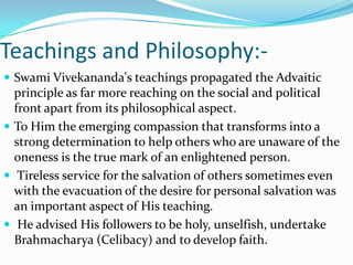 The First Visit To The West :-Swami Vivekananda's participation in 'The Parliament of World Religions' in Chicago attracted worldwide acclamation where He represented India and Hinduism speaking on the Advaitic principle of universality, emphasizing tolerance. Soon the Swami was invited for many inspiring lectures in different parts of America where He stayed for 2 years. He also travelled to England twice.