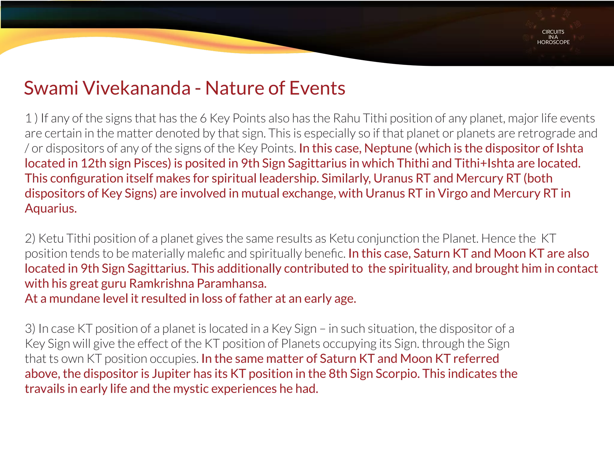 1 ) If any of the signs that has the 6 Key Points also has the Rahu Tithi position of any planet, major life events
are certain in the matter denoted by that sign. This is especially so if that planet or planets are retrograde and
/ or dispositors of any of the signs of the Key Points. In this case, Neptune (which is the dispositor of Ishta
located in 12th sign Pisces) is posited in 9th Sign Sagittarius in which Thithi and Tithi+Ishta are located.
This conﬁguration itself makes for spiritual leadership. Similarly, Uranus RT and Mercury RT (both
dispositors of Key Signs) are involved in mutual exchange, with Uranus RT in Virgo and Mercury RT in
Aquarius.
2) Ketu Tithi position of a planet gives the same results as Ketu conjunction the Planet. Hence the KT
position tends to be materially maleﬁc and spiritually beneﬁc. In this case, Saturn KT and Moon KT are also
located in 9th Sign Sagittarius. This additionally contributed to the spirituality, and brought him in contact
with his great guru Ramkrishna Paramhansa.
At a mundane level it resulted in loss of father at an early age.
3) In case KT position of a planet is located in a Key Sign – in such situation, the dispositor of a
Key Sign will give the effect of the KT position of Planets occupying its Sign. through the Sign
that ts own KT position occupies. In the same matter of Saturn KT and Moon KT referred
above, the dispositor is Jupiter has its KT position in the 8th Sign Scorpio. This indicates the
travails in early life and the mystic experiences he had.
Swami Vivekananda - Nature of Events
CIRCUITS
INA
HOROSCOPE
 