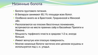 Низинные болота
 Болота грунтового питания.
 В Беларуси занимают 85,1% площади всех болот.
 Особенно много их в Брестской, Гродненской и Минской
обл.
 Располагаются на плоских бессточных понижениях,
встречаются на месте прежних озёр в бассейнах Припяти и
Немана.
 Мощность торфяного пласта в среднем 1-2 м, иногда
больше.
 Имеют вогнутую или плоскую поверхность.
 Многие низинные болота частично или целиком осушены и
используются под с.-х. угодья.
 
