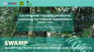 QUANTIFYING TROPICAL WETLAND BIOMASS AND CARBON STOCKS
Locating and mapping peatlands:
workshop for national stakeholders
February 1, 2021
https://www2.cifor.org/swamp/
 