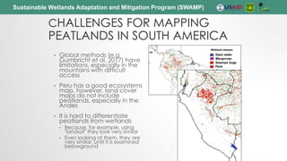 Sustainable Wetlands Adaptation and Mitigation Program (SWAMP)
CHALLENGES FOR MAPPING
PEATLANDS IN SOUTH AMERICA
• Global methods (e.g
Gumbricht et al. 2017) have
limitations, especially in the
mountains with difficult
access
• Peru has a good ecosystems
map, however, land cover
maps do not include
peatlands, especially in the
Andes
• It is hard to differentiate
peatlands from wetlands
• Because, for example, using
"landsat" they look very similar
• Even looking at them, they are
very similar, until it is examined
belowground
 