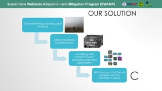 Sustainable Wetlands Adaptation and Mitigation Program (SWAMP)
OUR SOLUTION
Groundtruthing, including peat
sampling
Adding multidate
radar methods
Modelling with
“random forest”
provides supervised
classification
With the map and the soil
samples, we can
estimate C stocks
Image/GIS Layer
Stack
Random Forests
Classifier
SRTM/ASTER DEM
Topographic Position
Index
Radiometric Terrain
Correction
SAR
Multi-Date
Stack
Training/ Validation
Classified Image
Aerial Image
Interpretation
Field Data
40 m x 50 m
plots
Landsat
Multi-Date
Stack
SAR
Multi-Date
Stack
C
 