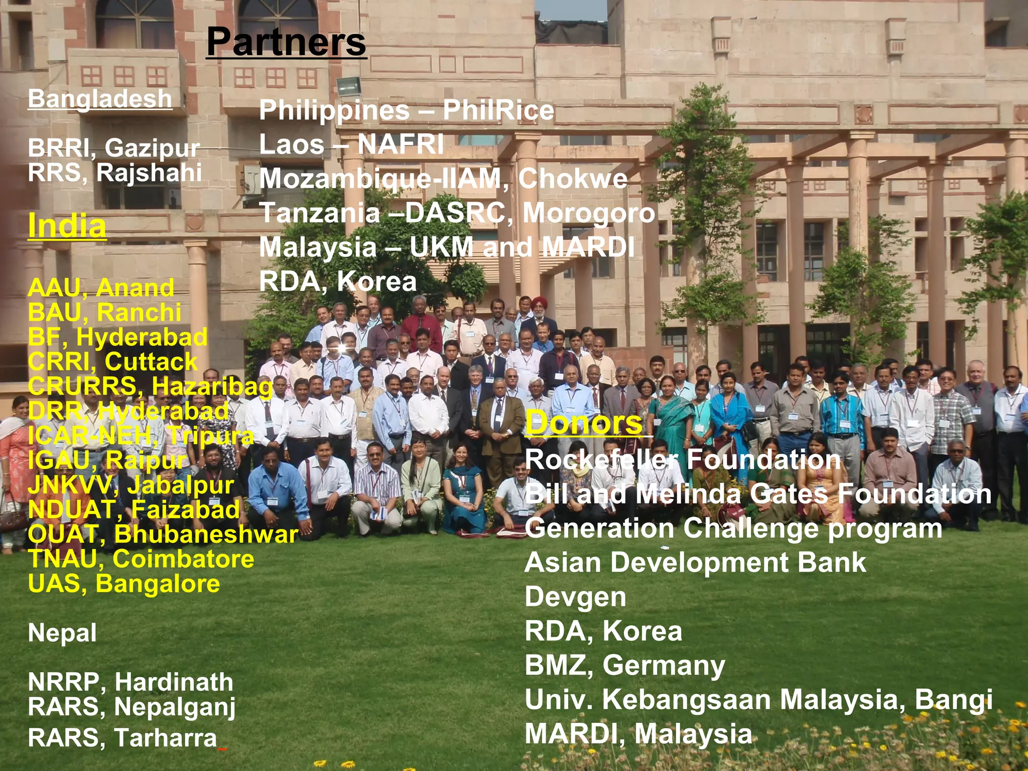Partners
Bangladesh        Philippines – PhilRice
BRRI, Gazipur     Laos – NAFRI
RRS, Rajshahi     Mozambique-IIAM, Chokwe
                  Tanzania –DASRC, Morogoro
India
                  Malaysia – UKM and MARDI
AAU, Anand        RDA, Korea
BAU, Ranchi
BF, Hyderabad
CRRI, Cuttack
CRURRS, Hazaribag
DRR, Hyderabad
ICAR-NEH, Tripura                 Donors
IGAU, Raipur                      Rockefeller Foundation
JNKVV, Jabalpur                   Bill and Melinda Gates Foundation
NDUAT, Faizabad
OUAT, Bhubaneshwar                Generation Challenge program
TNAU, Coimbatore                  Asian Development Bank
UAS, Bangalore
                                  Devgen
Nepal                             RDA, Korea
                                  BMZ, Germany
NRRP, Hardinath
RARS, Nepalganj                   Univ. Kebangsaan Malaysia, Bangi
RARS, Tarharra                    MARDI, Malaysia
 