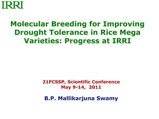Molecular Breeding for Improving
 Drought Tolerance in Rice Mega
   Varieties: Progress at IRRI




       21FCSSP, Scientific Conference
             May 9-14, 2011

        B.P. Mallikarjuna Swamy
 