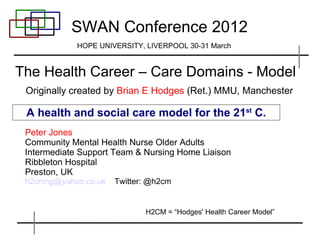SWAN Conference 2012
             HOPE UNIVERSITY, LIVERPOOL 30-31 March


The Health Career – Care Domains - Model
 Originally created by Brian E Hodges (Ret.) MMU, Manchester

 A health and social care model for the 21st C.
 Peter Jones
 Community Mental Health Nurse Older Adults
 Intermediate Support Team & Nursing Home Liaison
 Ribbleton Hospital
 Preston, UK
 h2cmng@yahoo.co.uk   Twitter: @h2cm


                             H2CM = “Hodges' Health Career Model”
 