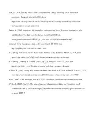 Statt, N. (2018, June 8). Pixar's John Lasseter to leave Disney following sexual harassment
complaints. Retrieved March 22, 2020, from
https://www.theverge.com/2018/6/8/17443370/pixar-walt-disney-animation-john-lasseter-
leaving-company-sexual-harassment
Taylor, C. (2017, November 1). Disney has an impressive list of demands for theaters who
want to show 'The Last Jedi'. Retrieved March 8, 2020, from
https://mashable.com/2017/11/01/star-wars-last-jedi-theaters-disney/
Universal Scene Description . (n.d.). Retrieved March 22, 2020, from
http://graphics.pixar.com/usd/docs/index.html
Walt Disney Animation Studios Voice Actor Salaries. (n.d.). Retrieved March 22, 2020, from
https://www.paysa.com/salaries/walt-disney-animation-studios--voice-actor
Walt Disney Company is founded. (2019, July 22). Retrieved March 22, 2020, from
https://www.history.com/this-day-in-history/walt-disney-company-founded
Watson, A. (2020, January 10). Number of cinema sites in the U.S. 2019. Retrieved March 22, 2020,
from https://www.statista.com/statistics/188643/number-of-us-cinema-sites-since-1995/
What's New? (n.d.). Retrieved March 22, 2020, from https://renderman.pixar.com/whats-new
Weller, C. (2015, July 30). The uniquely powerful reason why Pixar movies are so good.
Retrieved March 8, 2020, from https://www.businessinsider.com/why-pixar-movies-are-
so-good-2015-7
 