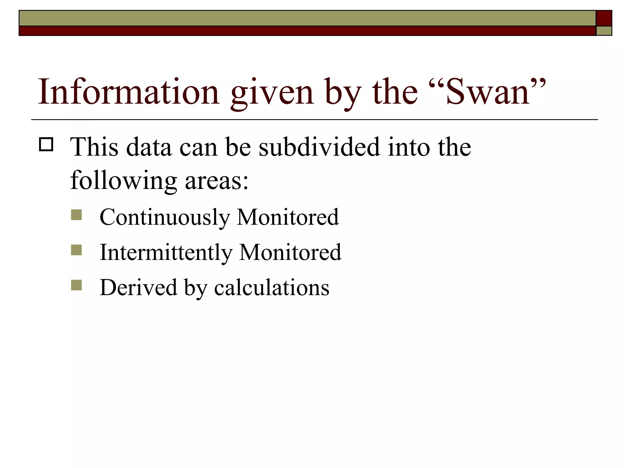 Information given by the “Swan”
   This data can be subdivided into the
    following areas:
       Continuously Monitored
       Intermittently Monitored
       Derived by calculations
 