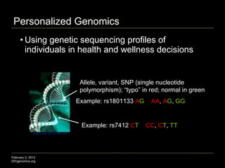 Personalized Genomics ,[object Object],February 2, 2012 DIYgenomics.org Image credit: http://123RF.com Example: rs1801133  A G   AA ,  A G ,  GG Allele, variant, SNP (single nucleotide polymorphism); “typo” in red; normal in green Example: rs7412  C T   CC ,  C T ,  TT 
