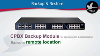 Backup & Restore
CPBX Backup Module for configuration & data backup
Backup to remote location
 