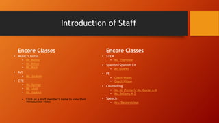 Introduction of Staff
Encore Classes
• Music/Chorus
• Mr. Maltby
• Mr. Milton
• Mr. Mack
• Art
• Ms. Jackson
• CTE
• Ms. Springs
• Mr. Louis
• Mr. Hopkins
• Click on a staff member’s name to view their
introduction video
Encore Classes
• STEM
• Ms. Thompson
• Spanish/Spanish Lit
• Mr. Alvarez
• PE
• Coach Woods
• Coach Wilson
• Counseling
• Ms. Ali (formerly Ms. Guess) A-M
• Ms. Bellamy N-Z
• Speech
• Mrs. Barskevicious
 