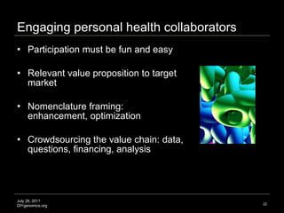 Engaging personal health collaborators <ul><li>Participation must be fun and easy </li></ul><ul><li>Relevant value proposi...