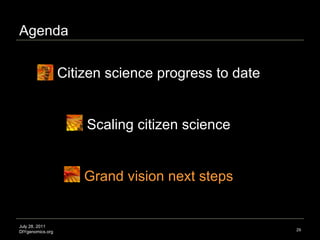 Agenda July 28, 2011 DIYgenomics.org Citizen science progress to date Scaling citizen science Grand vision next steps Imag...