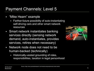 29 Oct 2017
Blockchain
Payment Channels: Level 5
 “Mike Hearn” example
 Farther-future possibility of auto-instantiating
self-driving cars and other smart network
resources
 Smart network instantiates banking
services directly (sensing network
demand, auto-instantiates, provides
services, retires when necessary)
 Network node does not need to be
human-backed (technically)
 Historically-vested grounding of roles,
responsibilities, taxation in legal personhood
16
Source: https://www.psmarketresearch.com/market-analysis/personal-robot-market
 