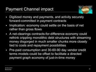 29 Oct 2017
Blockchain
Payment Channel impact
 Digitized money and payments, and activity securely
forward-committed in payment contracts
 Implication: economy could settle on the basis of net
rather than gross flows
 A net-clearings contracts-for-difference economy could
rethink crippling monolithic debt structures with streaming
money disgorged in much smaller chunks more closely
tied to costs and repayment possibilities
 Pre-paid consumption and 30-60-90 day vendor credit
terms models could be offset to facilitate a directed
payment graph economy of just-in-time money
28
 
