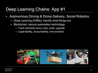 29 Oct 2017
Blockchain
Deep Learning Chains: App #1
 Autonomous Driving & Drone Delivery, Social Robotics
 Deep Learning (CNNs): identify what things are
 Blockchain: secure automation technology
 Track arbitrarily-many units, audit, upgrade
 Legal liability, accountability, remuneration
41
 