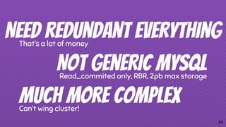 Need redundant everythingThat’s a lot of money
Much more complexCan’t wing cluster!
Not generic MySQLRead_commited only, RBR, 2pb max storage
34
 