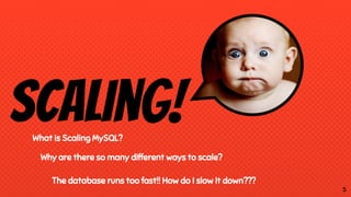 Scaling!What is Scaling MySQL?
Why are there so many different ways to scale?
The database runs too fast!! How do I slow it down???
5
 