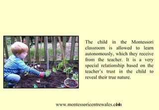 www.montessoricentrewales.com
The child in the Montessori
classroom is allowed to learn
autonomously, which they receive
from the teacher. It is a very
special relationship based on the
teacher’s trust in the child to
reveal their true nature.
 