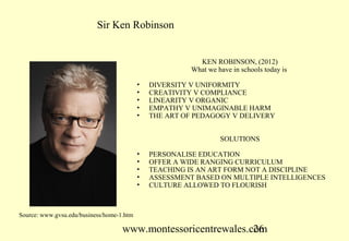 www.montessoricentrewales.com
KEN ROBINSON, (2012)
What we have in schools today is
• DIVERSITY V UNIFORMITY
• CREATIVITY V COMPLIANCE
• LINEARITY V ORGANIC
• EMPATHY V UNIMAGINABLE HARM
• THE ART OF PEDAGOGY V DELIVERY
SOLUTIONS
• PERSONALISE EDUCATION
• OFFER A WIDE RANGING CURRICULUM
• TEACHING IS AN ART FORM NOT A DISCIPLINE
• ASSESSMENT BASED ON MULTIPLE INTELLIGENCES
• CULTURE ALLOWED TO FLOURISH
Sir Ken Robinson
Source: www.gvsu.edu/business/home-1.htm
 